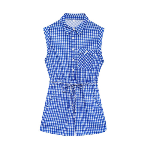 Dame Gingham Tryk Ærmeløs Skjortekjole med Justerbart Bindebånd Stilla