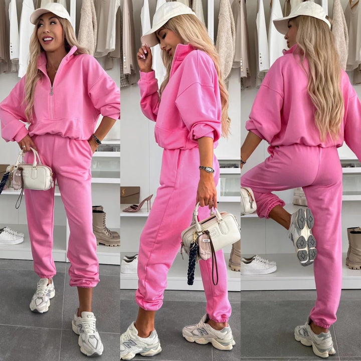 Kvindernes stilfulde fleece loungewear sæt med halv lynlås Skovae