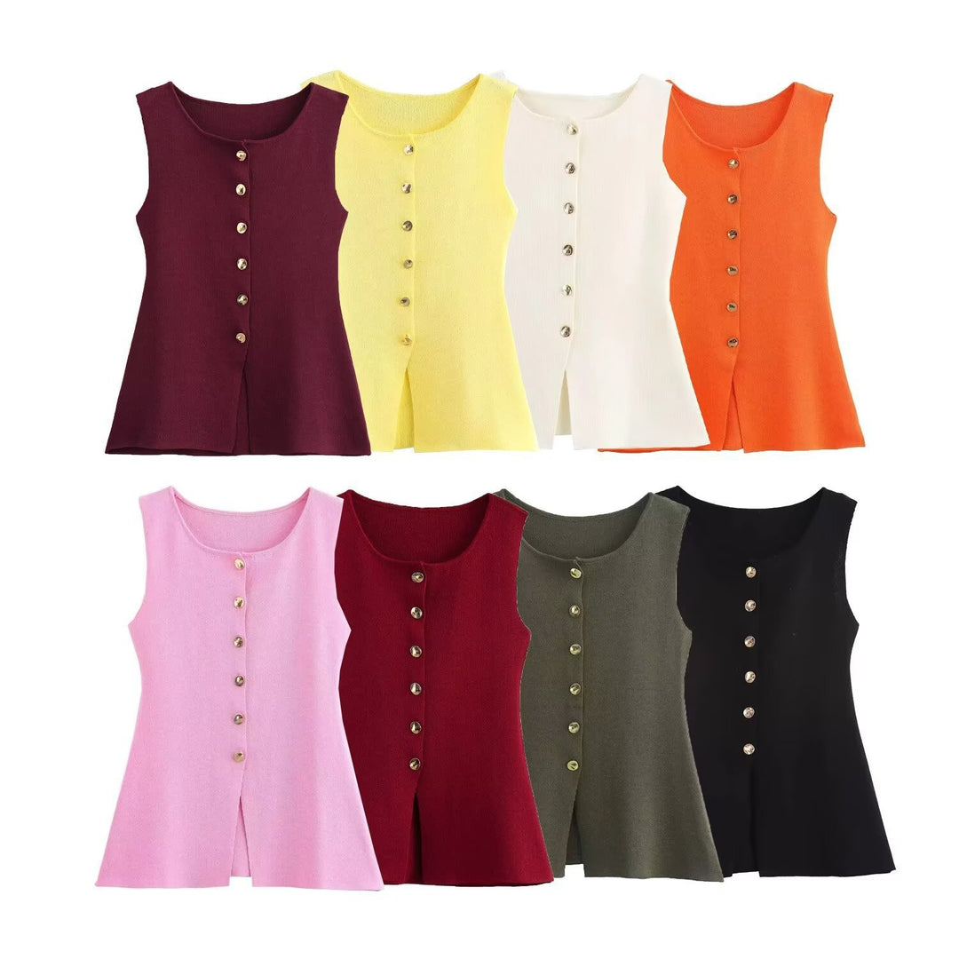 Femme Ribbet Strik Knap-Op Tank Top Stilla