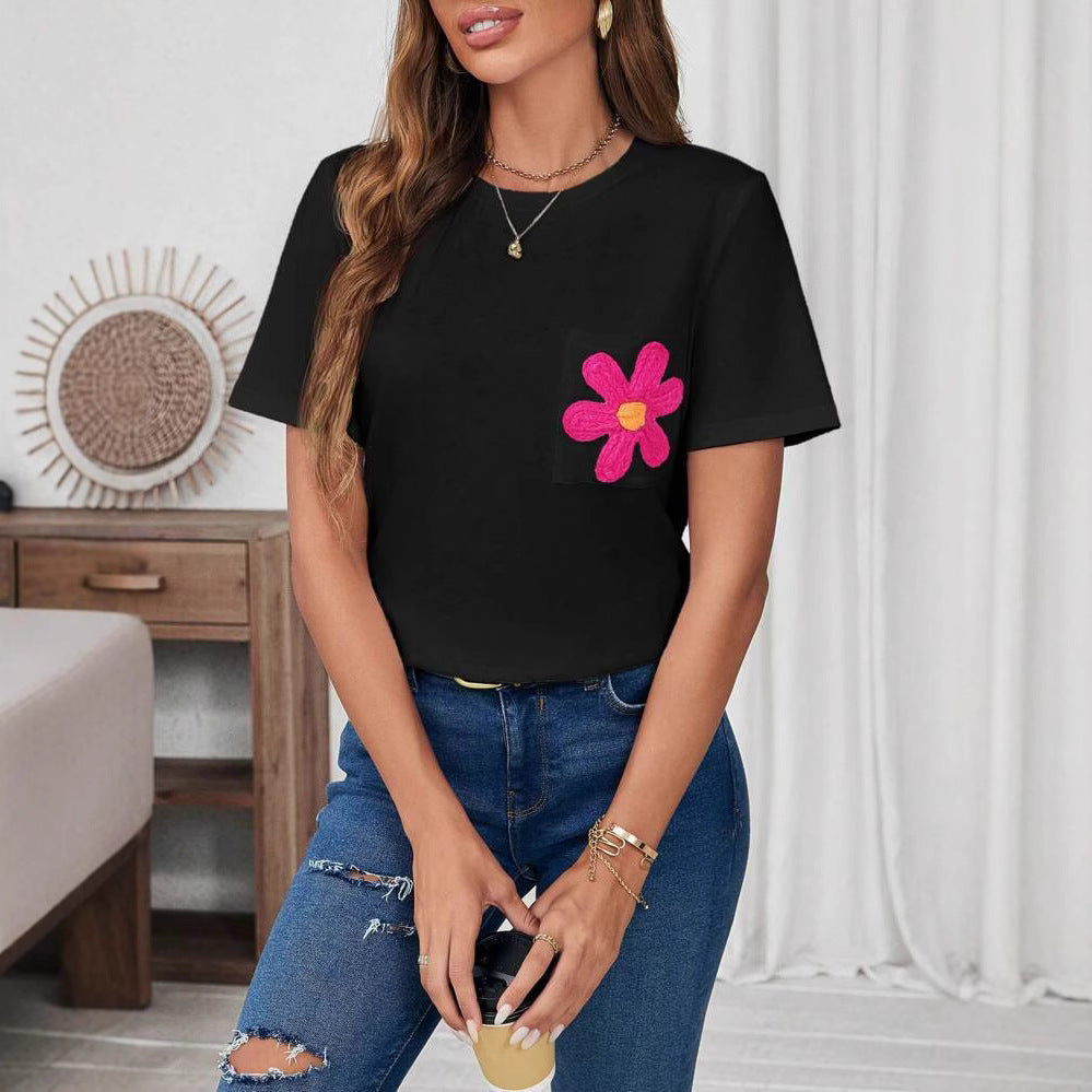 Dame T-shirt med blomstret applikationsmotiv og brystlomme Stilla