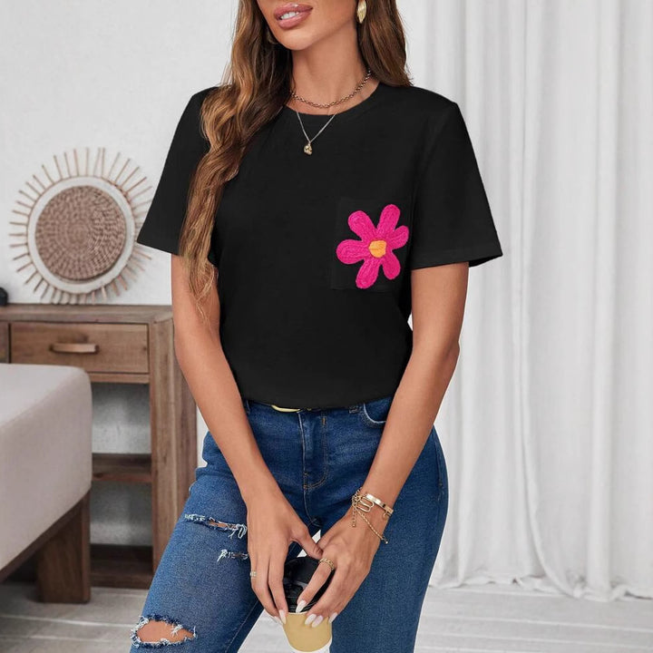 Dame T-shirt med blomstret applikationsmotiv og brystlomme Stilla