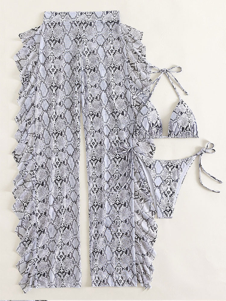 Dame trekantet bikini med stilfuld slangeprint og matchende maxi-shorts Skovae