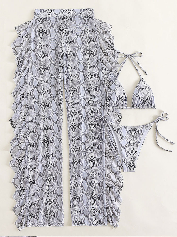 Dame trekantet bikini med stilfuld slangeprint og matchende maxi-shorts Skovae