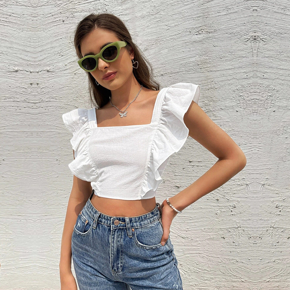 Kvinder Crop Top med Flæse Detaljer og Fyrkantet Hals Stilla