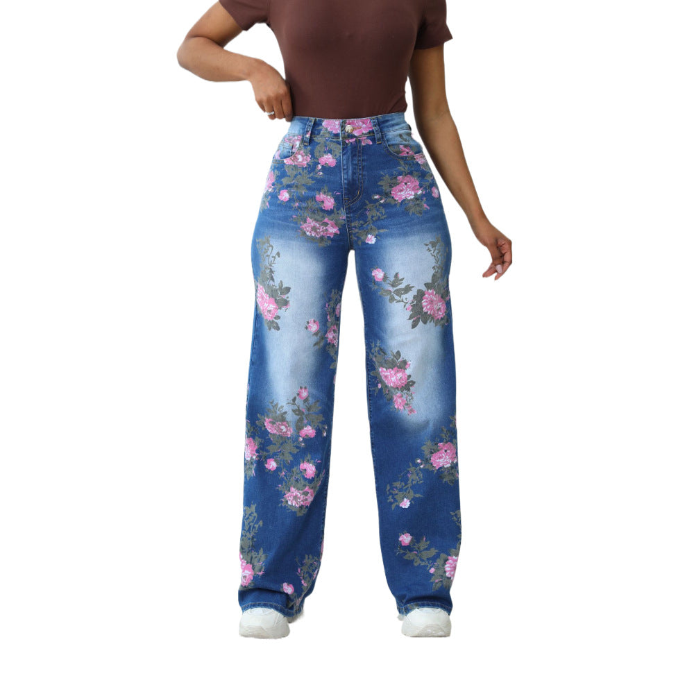 Dame bredtsnit jeans med blomsterprint Stilla