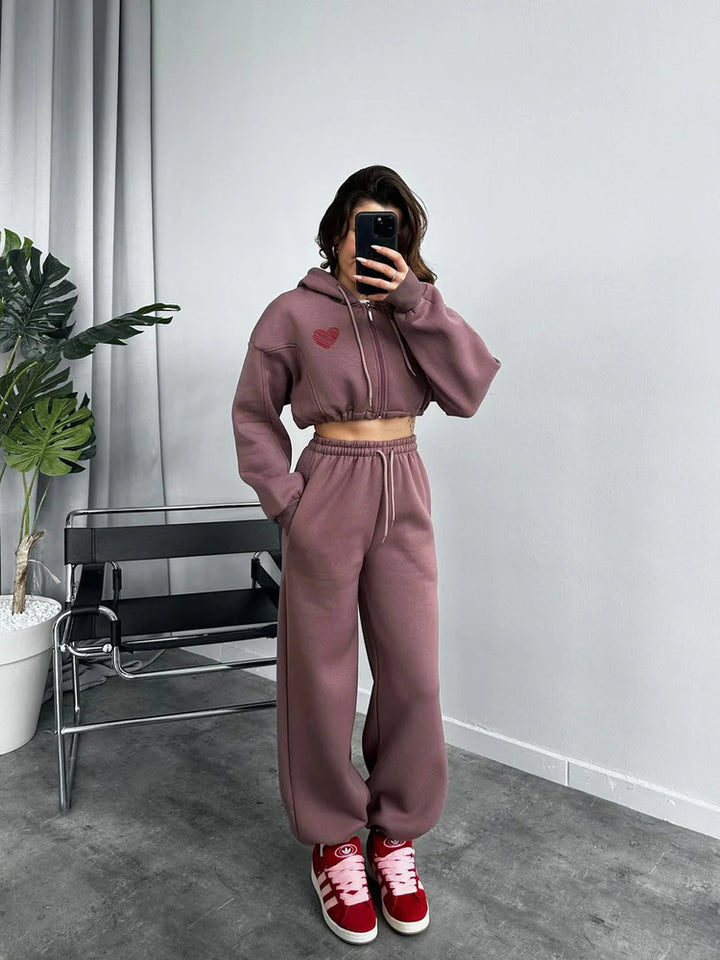 Dames afslappet hoodie og joggingbukser sæt med cropped top og elastisk talje