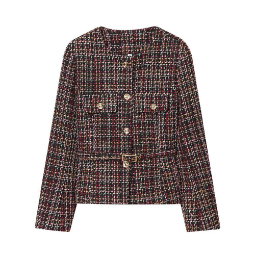Damer Elegant Tweed Jakke med Dekorative Knapper og Aftageligt Livbælte Stilla