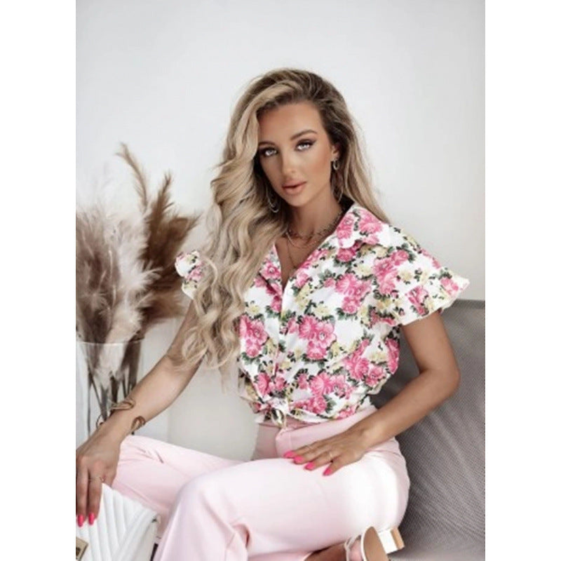 Dame bluse skjorte med blomster mønster og flæse detaljer Skovae