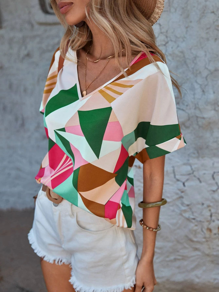 Dame Geometrisk Print V-Hals Top Stilla