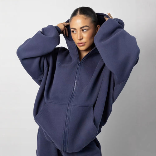 Kvindernes afslappede fleece hoodie og jogger sæt med lynlås og praktiske lommer