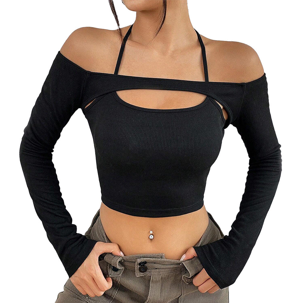 Kvindernes Off-Shoulder Crop Top med Asymmetrisk Udsnit og Lange Ærmer Stilla