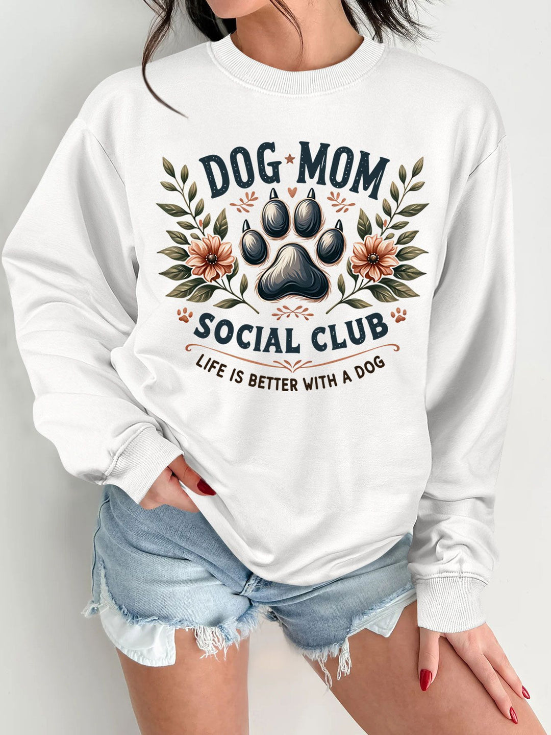Kvindernes sweatshirt med trendy hundemotiv og forbedret print Stilla