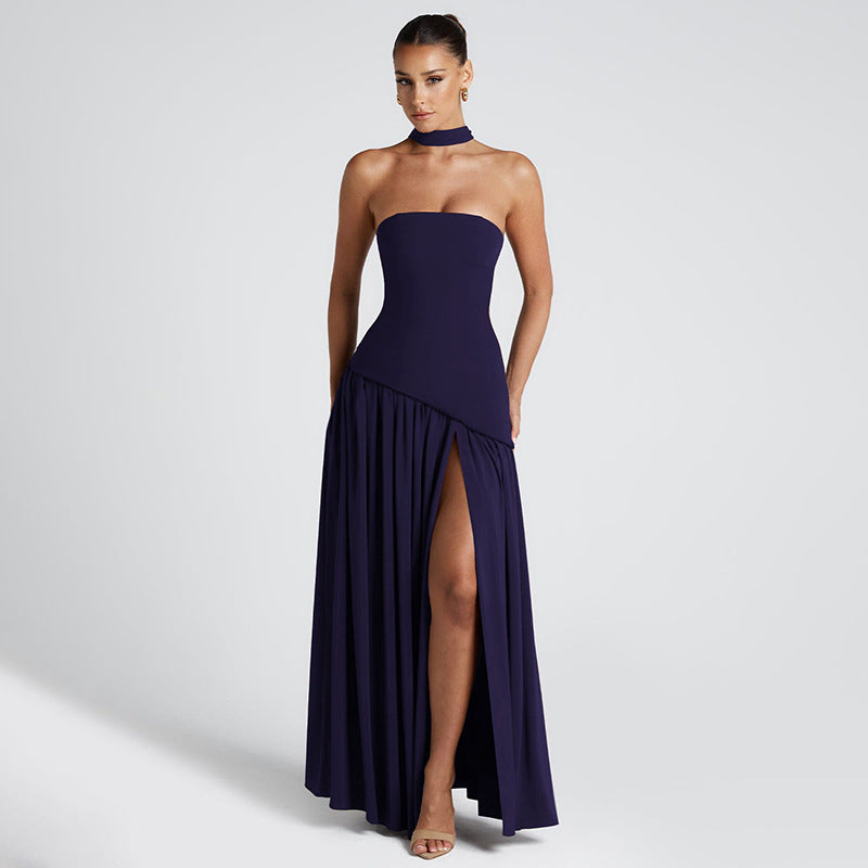Dame Strapless Maxikjole med side split og Choker Stilla