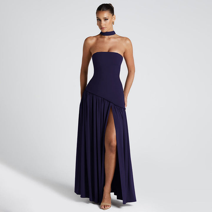 Dame Strapless Maxikjole med side split og Choker Stilla