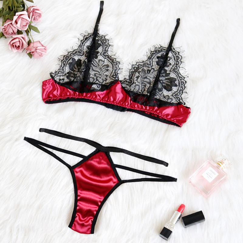 Dame Spids- og Satin-Bralette- og String-Sæt Stilla