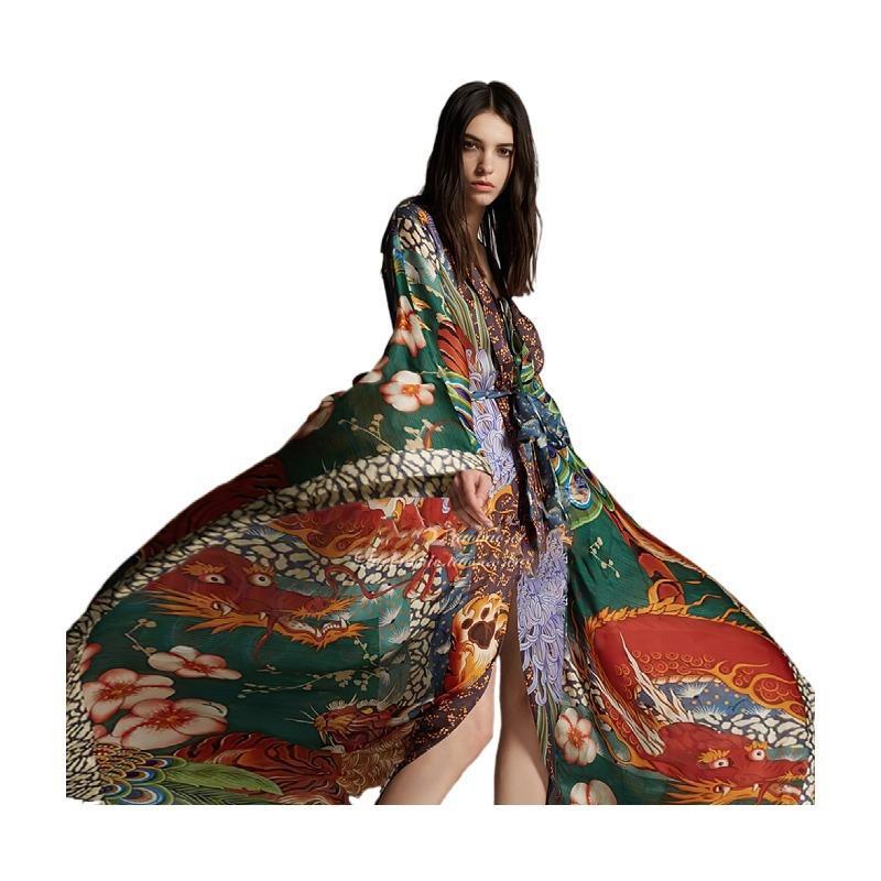 Dame elegant Kimono-stil strandovergang med kunstnerisk mønster og dyb V-udskæring Stilla