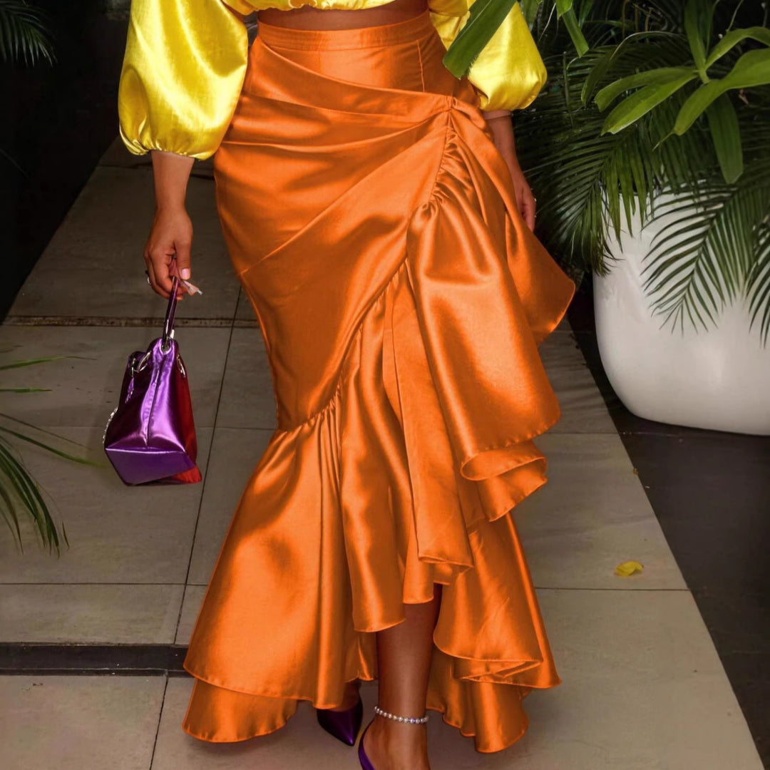 Dame Elegant satin skirt with asymmetric design and voluminous ruffle finish Skovae