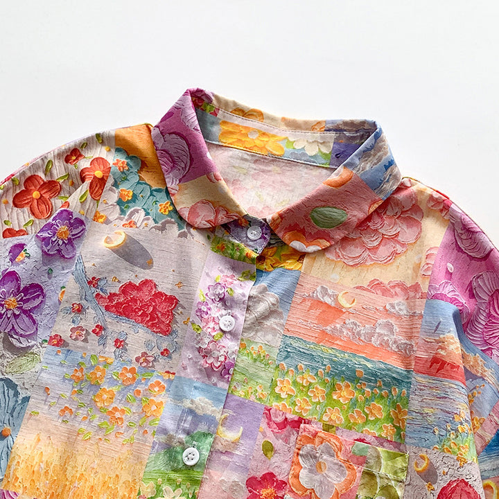 Dame langærmet skjorte med farverigt patchwork-design Stilla