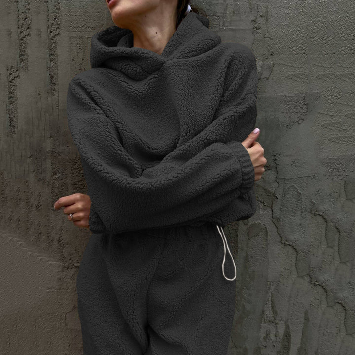 Kvinders fleece lounge wear sæt med elastisk talje og høj krave