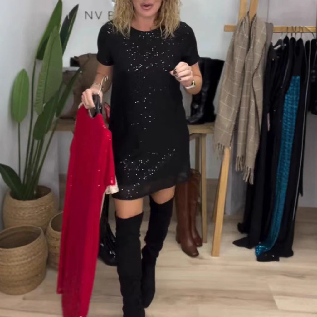 Dame Glamourøst Minikjole med glitrende palletter og elastisk talje Stilla