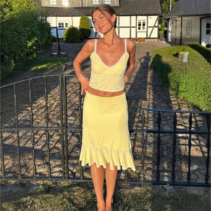 Dame Crop Top og Midiskørt Sæt med Volangkant Skovae