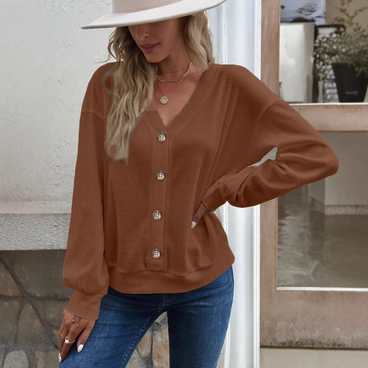 Dame Fashionable Vaffelstruktur Strikjakke med Knappeliste Stilla