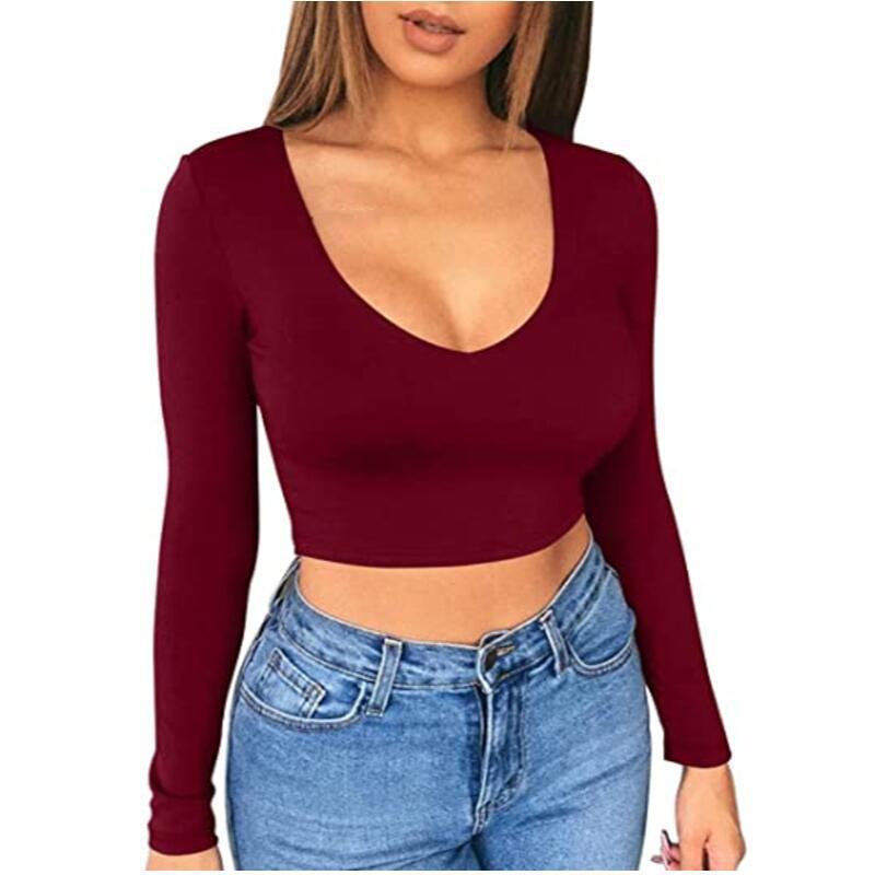Dame Cropped Langærmet T-shirt med V-hals Stilla