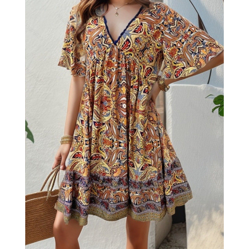 Dame Boho Blomsterprint Svingkjole Stilla