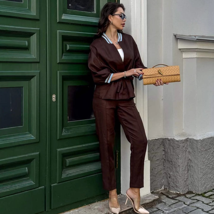 Dame elegant og afslappet satin sæt med figursyet top og bindebælte Stilla