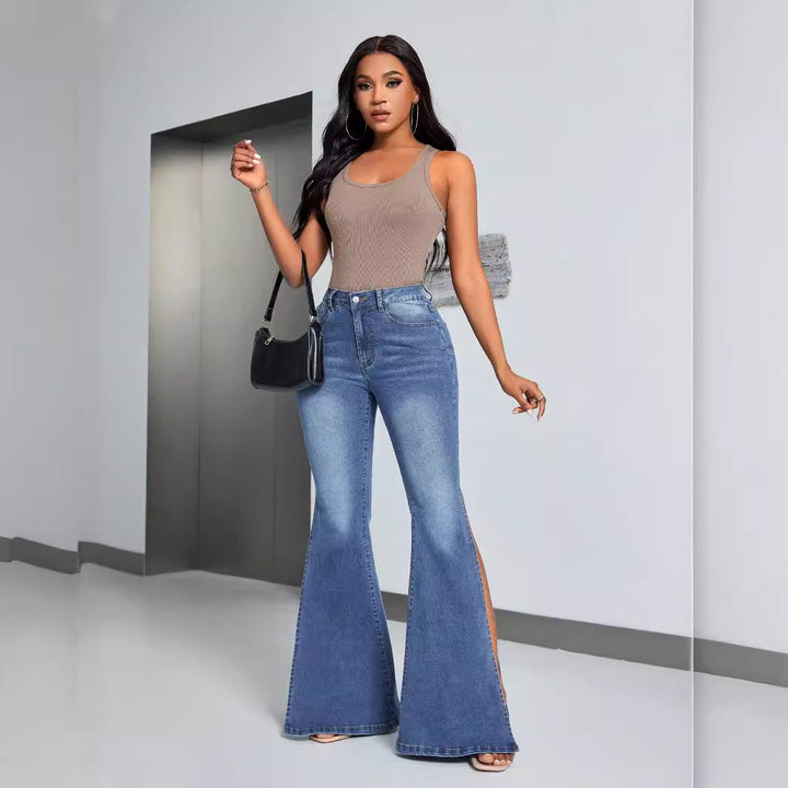 Kvindernes elegante høj talje brede jeans med sideslids Stilla