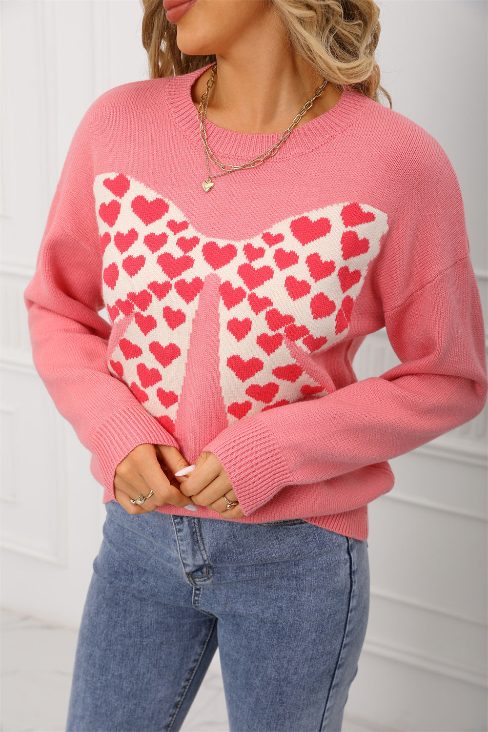 Dame afslappet pullover med hjerte-motiv og brede ærmer Stilla