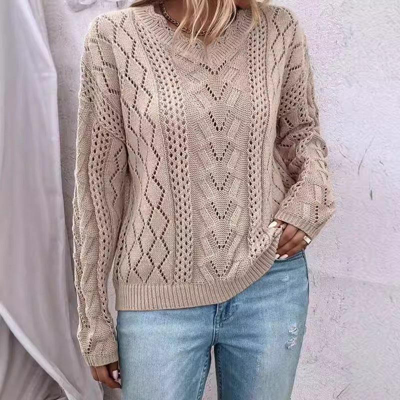 Dame strikket pullover med raffinerede mesh strukturer og V-hals Stilla
