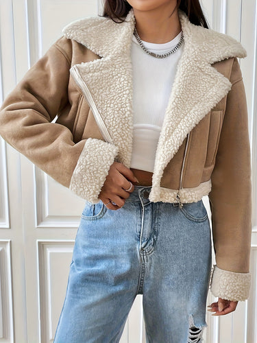 Dame elegant cropped jakke med teddyfur og lynlås Stilla