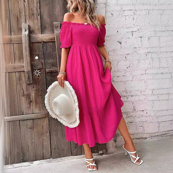 Dame Off-Shoulder Maxikjole med flæsedetaljer og elastisk taljebånd Stilla