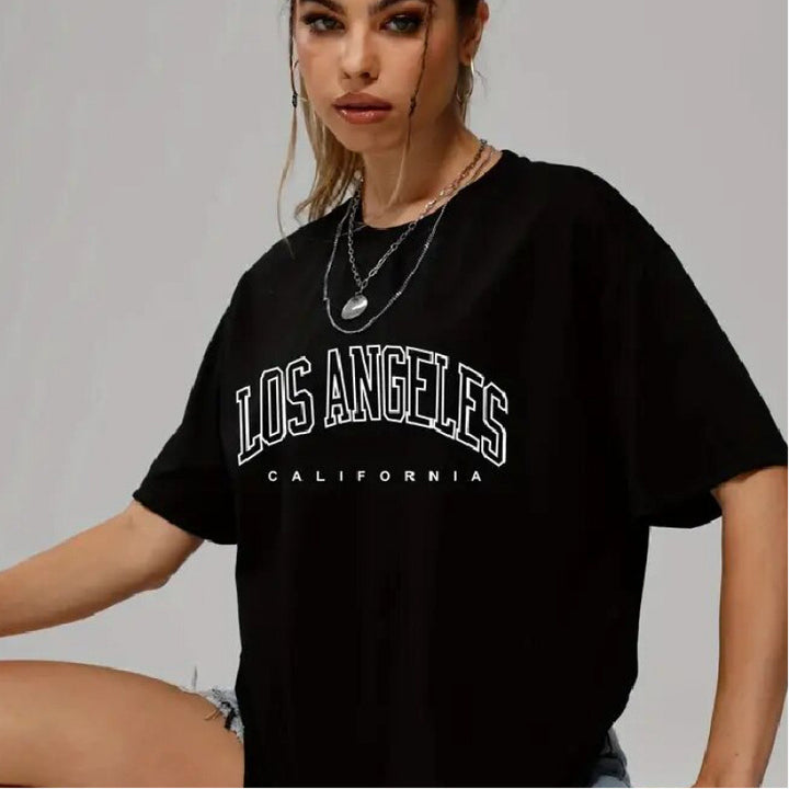 Dame Oversized T-shirt med urban Los Angeles print og afslappet snit Stilla