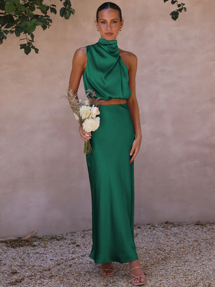 Dame Elegant Satin-Midi-Kjole med høj krave og figursyet snit Stilla