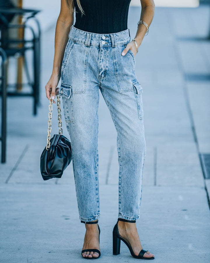 Dame cargo-jeans i vintage-stil med høj talje og praktiske sidelommer Stilla