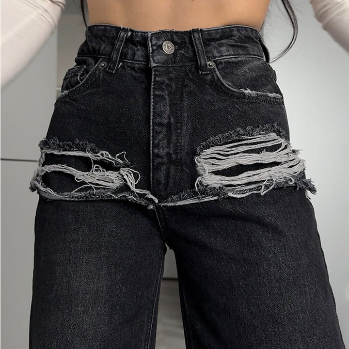 Dame Højt skårede Destroyed Jeans med frynset detaljer Stilla
