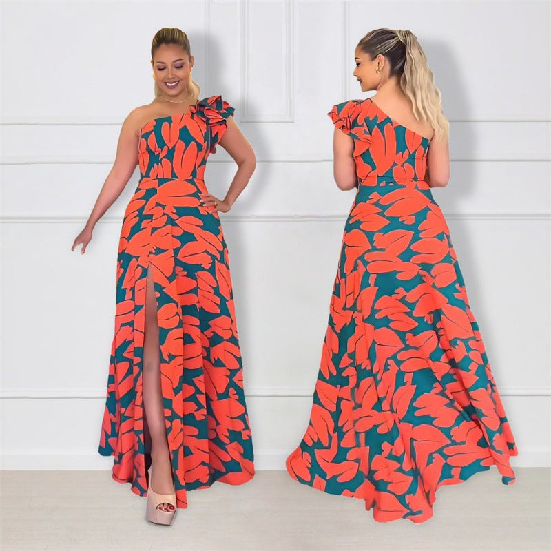 Dame elegant maxikjole med en skulderdesign og blomstermønster Stilla