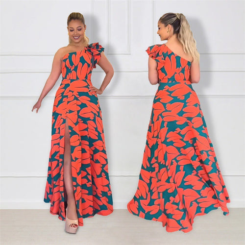 Dame elegant maxikjole med en skulderdesign og blomstermønster Stilla