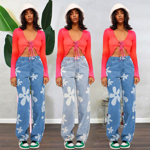 Dame brede jeans i retro-inspireret blomstermønster med høj talje Stilla