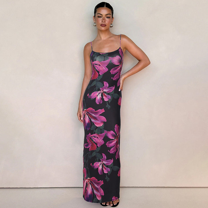 Dame maxikjole med blomsterprint og smalle spaghetti-stropper Stilla