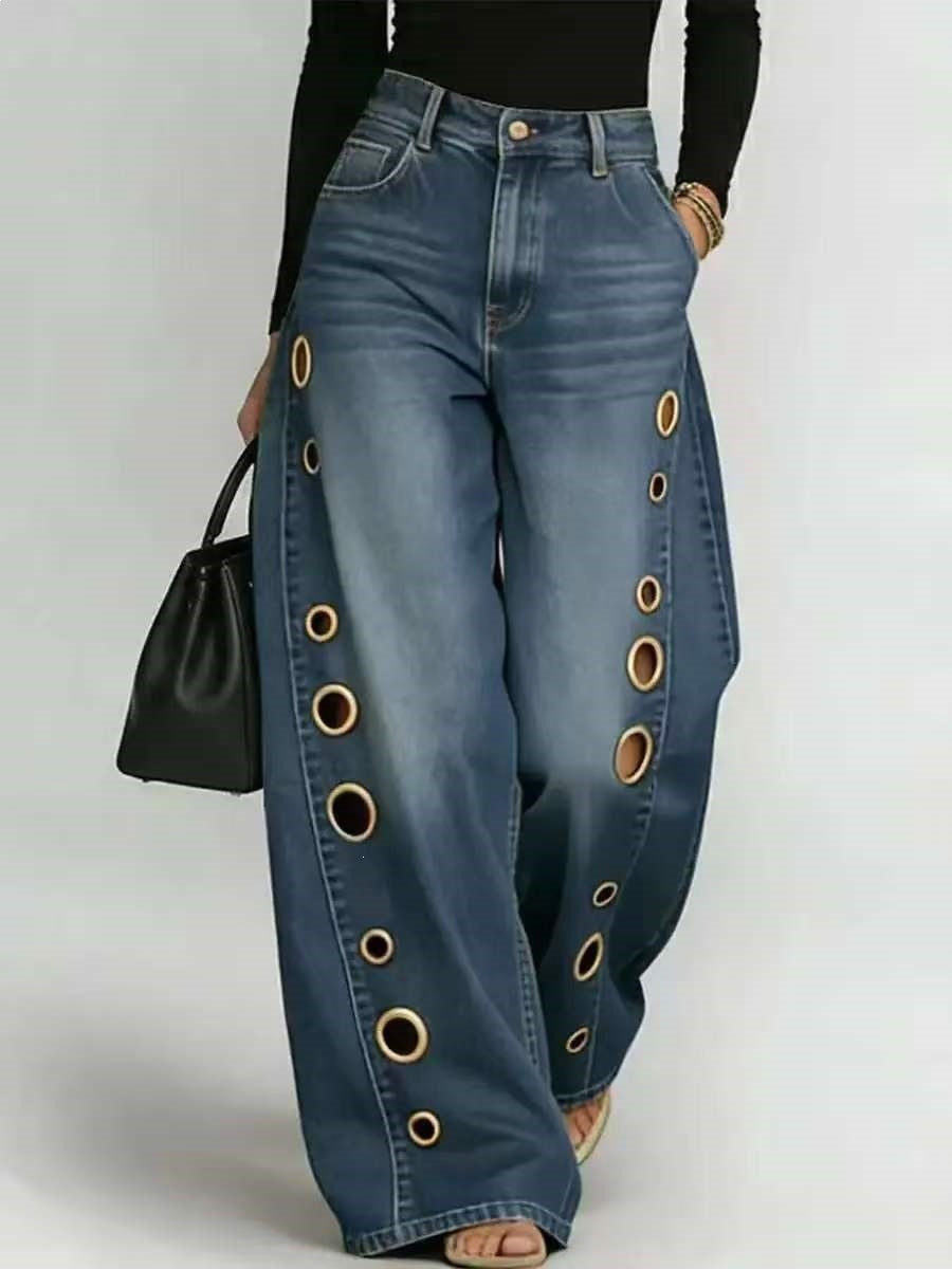 Kvinder's brede jeans med dekorative øjer og høj talje Skovae