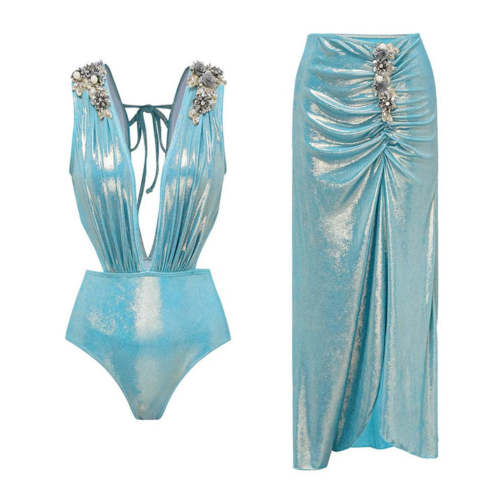 Dame badedragt med off-shoulder design og elegant nederdel Skovae