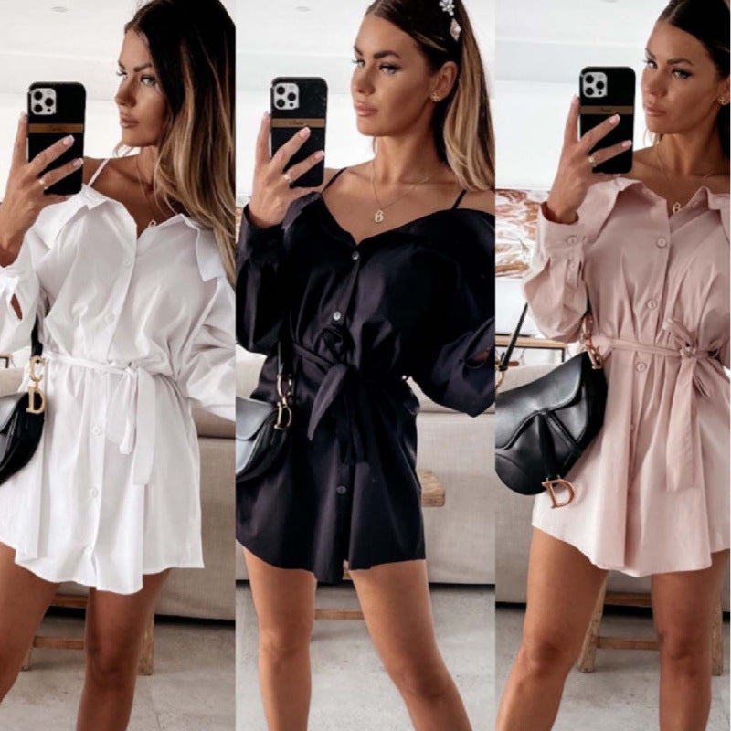 Dame Off-Shoulder Knappeløs Blusekjole med Knappet Talje
