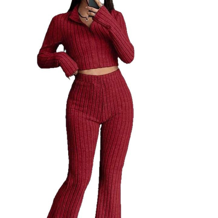 Dame Strik-Loungewear-Sæt med cropped top og løstsiddende bukser Stilla