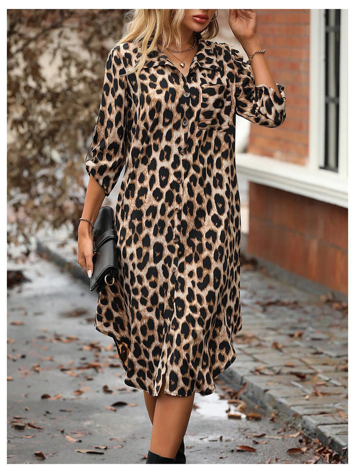 Femme Stilfuldt Leopardmønster Lang Knap-op Kjole Stilla