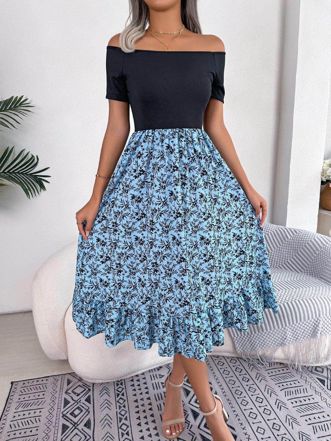 Dame Vintage Maxikjole med Off-Shoulder-design og blomsterprint Stilla
