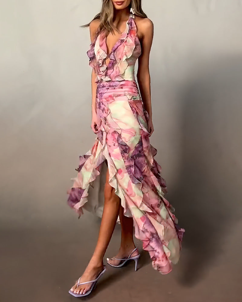 Kvinder Elegant Maxi Kjole med Ruffles Lag og Dyb V-Hals Skovae