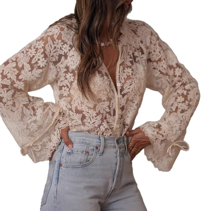 Dame gennemsigtig bluse med blomster broderier og vide ærmer Skovae